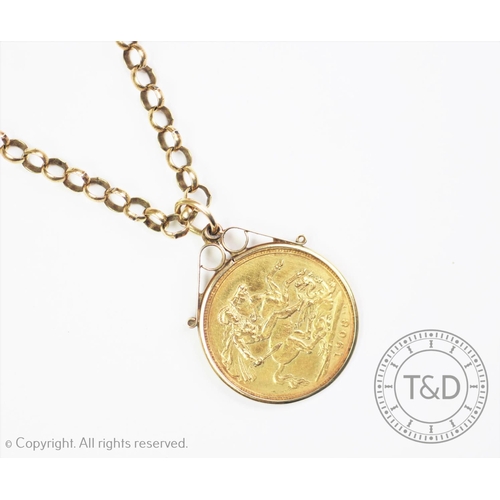 127 - An Edwardian gold sovereign dated 1908, within 9ct gold mount, on a 9ct gold belcher link chain and ... 