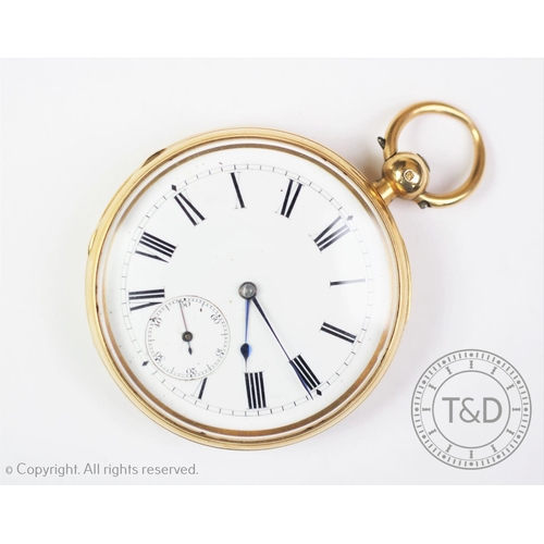 139 - An 18ct yellow gold open face pocket watch, J W Benson, London 1870, the white enamel dial with blac... 