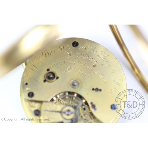 139 - An 18ct yellow gold open face pocket watch, J W Benson, London 1870, the white enamel dial with blac... 