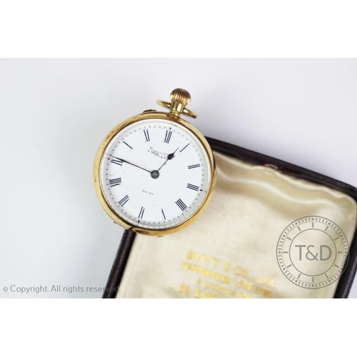 140 - A ladies 18ct gold Mappin and Webb fob watch, the white enamel dial with black Roman numerals, monog... 