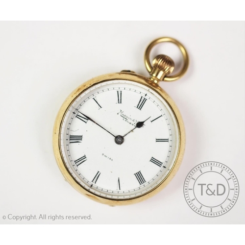 140 - A ladies 18ct gold Mappin and Webb fob watch, the white enamel dial with black Roman numerals, monog... 