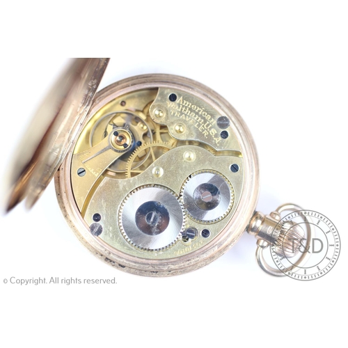 143 - A 9ct gold Waltham full hunter pocket watch, Birmingham 1923-24, the white enamel dial with black ro... 