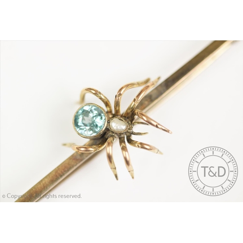 193 - A Victorian spider brooch ‘CE*FS’, the gold bar set with a central spider with blue zircon abdomen a... 