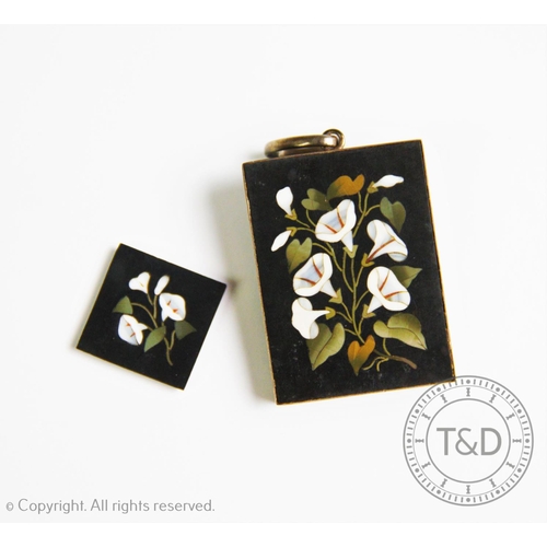 214 - A 19th century pietra dura pendant, the rectangular pendant inlaid with floral sprays, with glazed b... 