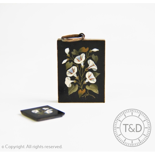 214 - A 19th century pietra dura pendant, the rectangular pendant inlaid with floral sprays, with glazed b... 