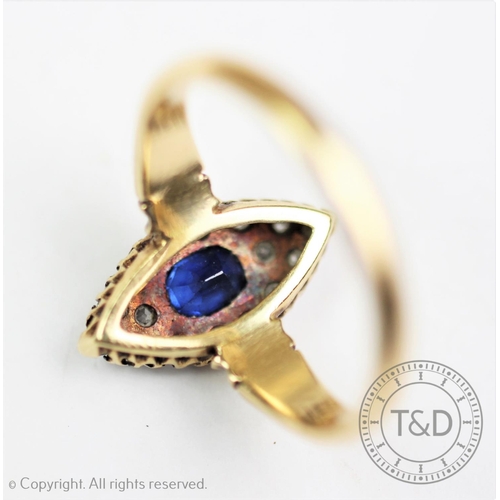 292 - A diamond and untested sapphire set marquise shaped ring, probably Alabaster and Wilson early 20th c... 