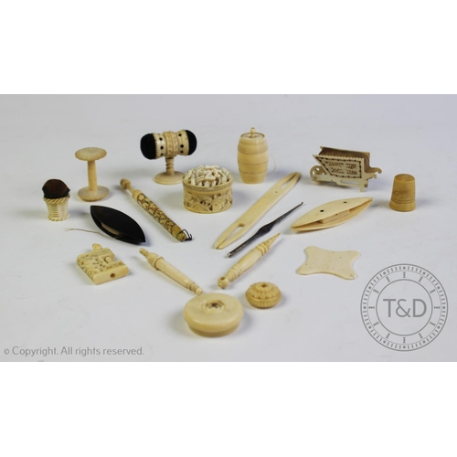 306 - A selection of 19th century carved ivory and bone sewing items, to include; a Chinese Canton carved ... 