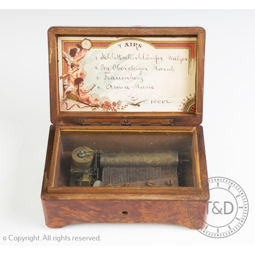 330 - A Victorian four airs maple music box, the rectangular box enclosing a 7cm cylinder, stamped 61810, ... 