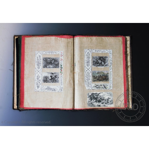 339 - A Victorian scrap album, containing hand coloured book plates, postcards, etchings, transfer picture... 