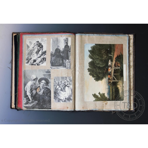 339 - A Victorian scrap album, containing hand coloured book plates, postcards, etchings, transfer picture... 