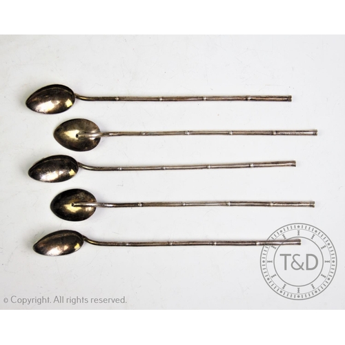 35 - Five Chinese silver straw spoons, the hollow handles modelled as bamboo, each marked 'Made in HK, St... 