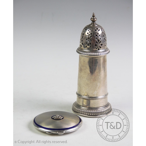 79 - A George V silver sugar caster, Mappin & Webb Ltd, Sheffield 1934, of cylindrical form with pierced ... 