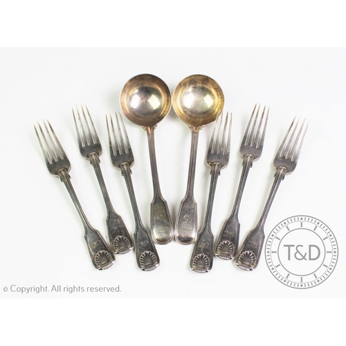 81 - Six Victorian fiddle thread and shell pattern silver forks, Chawner & Co, London 1855, each initiall... 