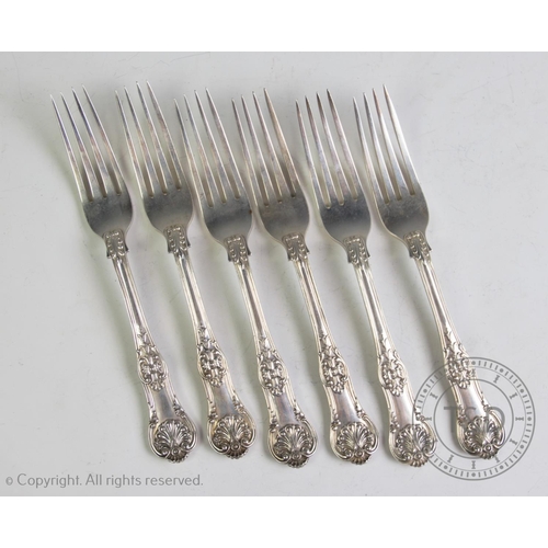 86 - Six early Victorian silver Queens pattern forks, William Eaton, London 1839, each initialled 'C', gr... 