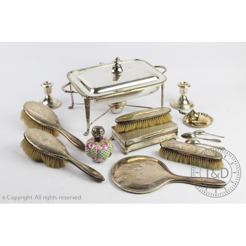 88 - A collection of silver and silver plated items, to include a five piece Edwardian silver backed dres... 