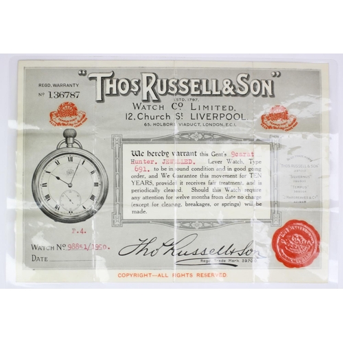 137 - A 9ct gold full hunter pocket watch Thomas Russell & Son, Liverpool, Chester 1933, the case enclosin... 