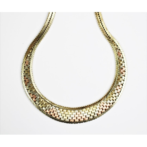 168 - A 9ct tri-gold graduated necklace, London 1977, designed in a tapering woven design, with integral c... 