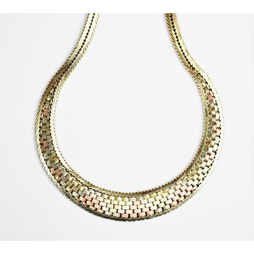 168 - A 9ct tri-gold graduated necklace, London 1977, designed in a tapering woven design, with integral c... 