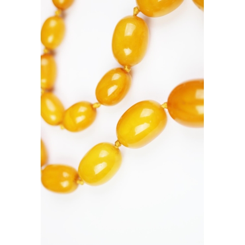 221 - A 'Butterscotch' amber single strand bead necklace, the forty-five graduated beads (largest measurin... 