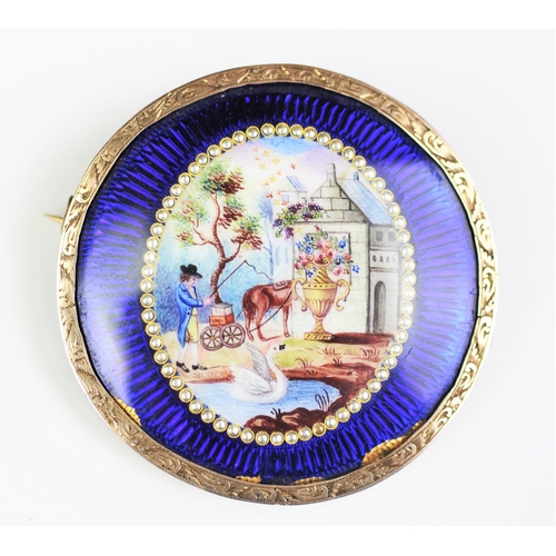 227 - A 19th century enamel and silver coloured brooch, designed as a oval vignette depicting a swan, a Re... 