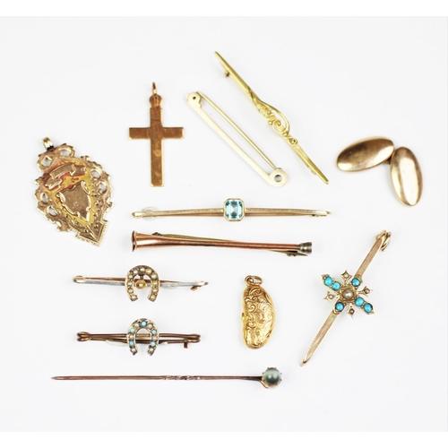 247 - A collection of gold and gold coloured jewellery, comprising; a Victorian 9ct gold fob, Sydenham Bro... 