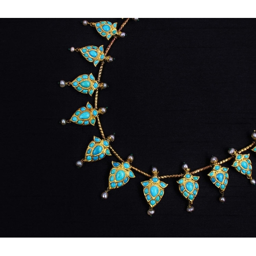 218 - A turquoise and enamelled graduated fringe necklace, North India, probably Jaipur or Delhi, circa 18... 