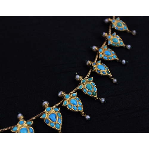 218 - A turquoise and enamelled graduated fringe necklace, North India, probably Jaipur or Delhi, circa 18... 