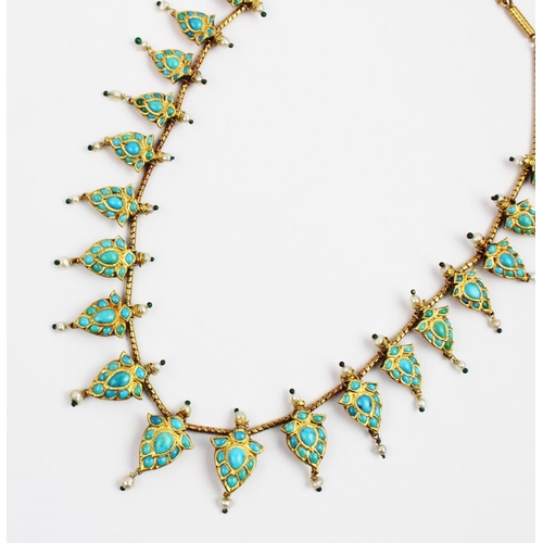 218 - A turquoise and enamelled graduated fringe necklace, North India, probably Jaipur or Delhi, circa 18... 