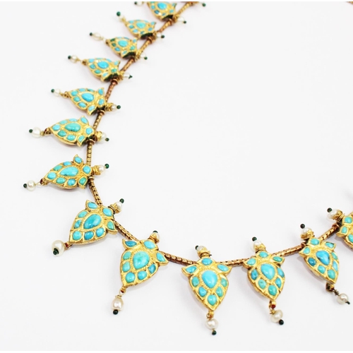 218 - A turquoise and enamelled graduated fringe necklace, North India, probably Jaipur or Delhi, circa 18... 