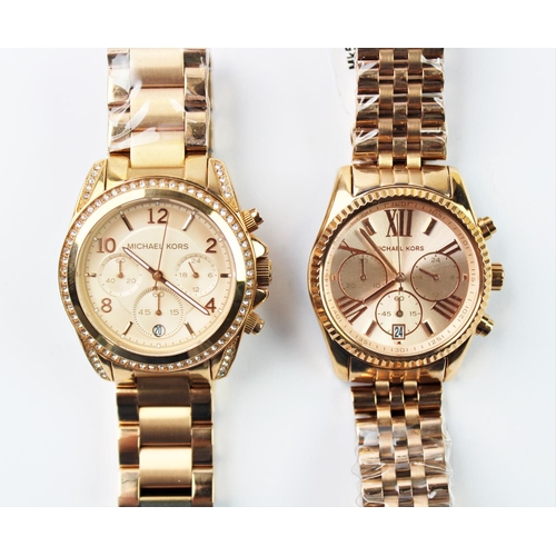 163 - A Michael Kors ladies stainless steel wristwatch, rose gold coloured, with gem set bezel and chain l... 