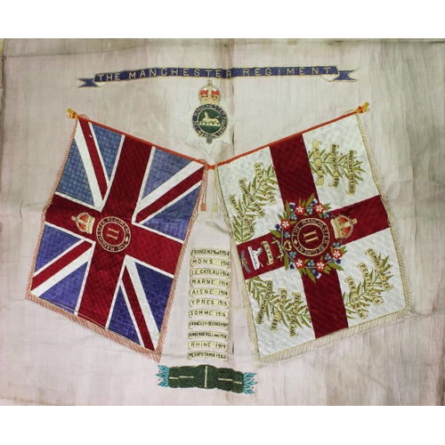 337 - A First World War Manchester Regiment silkwork panel, detailed with a Union Jack flag and the St Geo... 