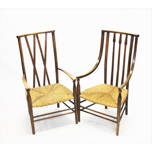 957 - Two early 20th century Arts and Crafts beech wood elbow chairs, the first with a lath back above an ... 