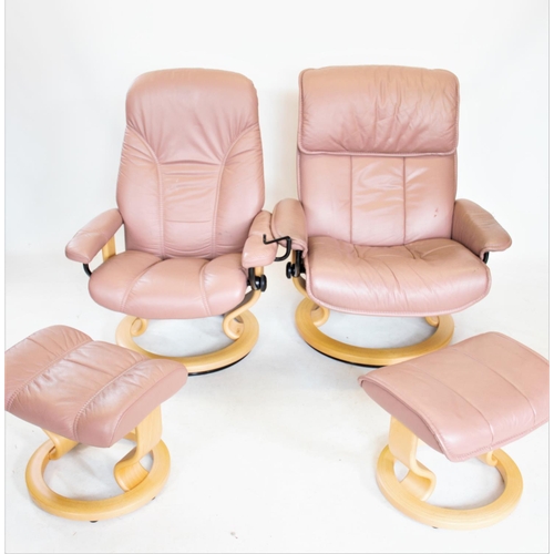 964 - Two Ekornes stressless reclining leather armchairs, each on a circular beech wood base with conformi... 