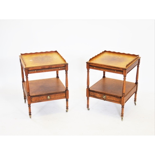 965 - A pair of Regency style yew wood lamp or side tables, 20th century, each table with a galleried top ... 