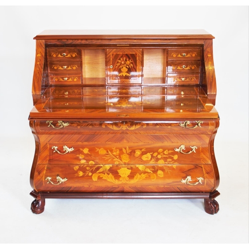 966 - An 18th century style Dutch bombe bureau, 20th century, extensively inlaid, the serpentine fall fron... 