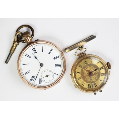 146 - A yellow metal open face pocket watch, stamped '9k', the white enamel dial with black roman numeral ... 