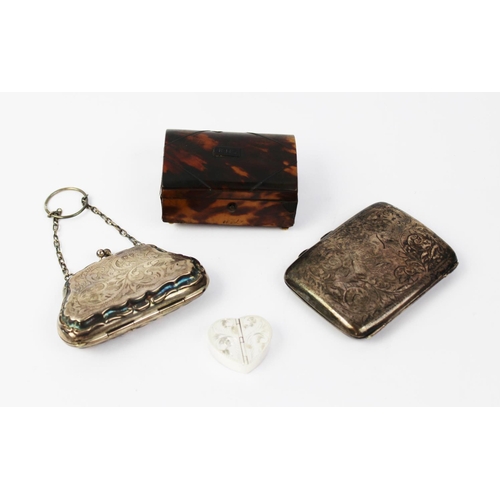 103 - A George V silver purse, Birmingham 1919, with a silver cigarette case, a modern white metal heart s... 