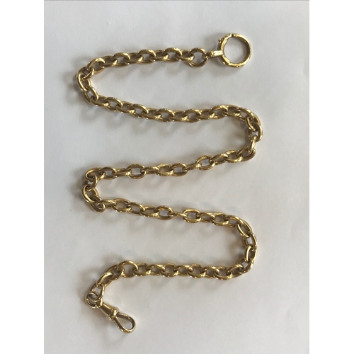 207 - An 18ct yellow gold albert chain, with attached bolt ring clasp and swivel, with an accompanying blo... 