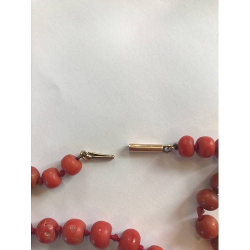 206 - A Victorian coral bead necklace, the fifty five graduated beads upon knotted string and with attache... 