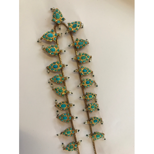 218 - A turquoise and enamelled graduated fringe necklace, North India, probably Jaipur or Delhi, circa 18... 