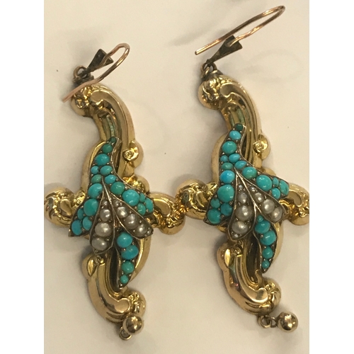 239 - A pair of Victorian seed pearl and turquoise set drop earrings and a matching brooch, each designed ... 