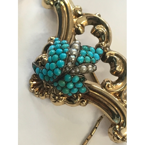 239 - A pair of Victorian seed pearl and turquoise set drop earrings and a matching brooch, each designed ... 