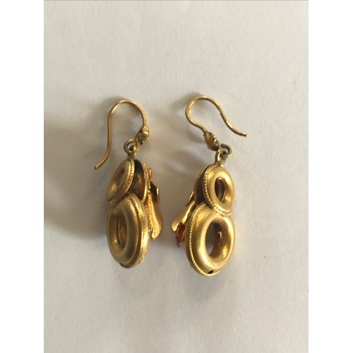 244 - A pair of Victorian drop earrings, designed as interlocking hoops decorated with delicate cannetille... 