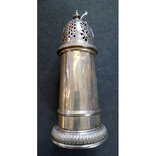 79 - A George V silver sugar caster, Mappin & Webb Ltd, Sheffield 1934, of cylindrical form with pierced ... 