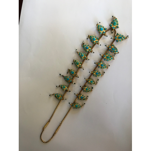 218 - A turquoise and enamelled graduated fringe necklace, North India, probably Jaipur or Delhi, circa 18... 