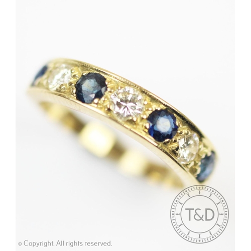 226 - A sapphire and diamond seven stone half eternity ring, the four untested sapphires each interspersed... 