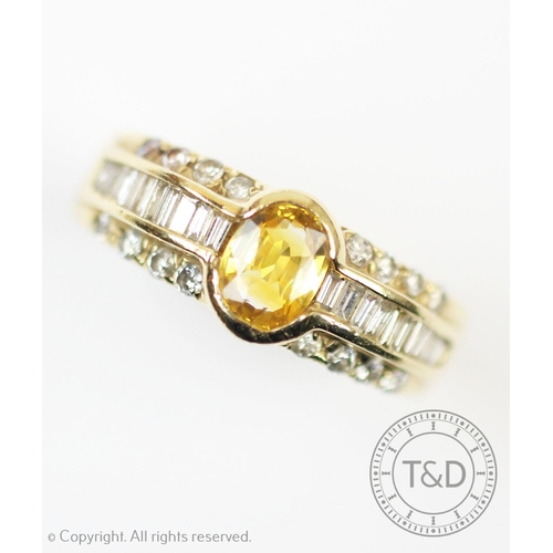 231 - A citrine and diamond set dress ring, the central oval citrine with baguette cut diamond set shoulde... 