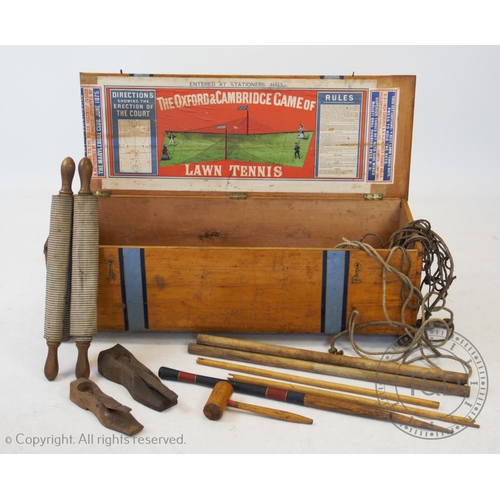 446 - An Ayres Oxford and Cambridge Lawn Tennis Box 1875/6, the pine box decorated with the light blue and... 