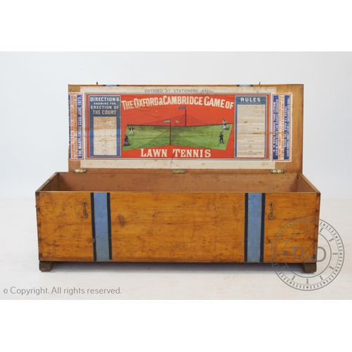 446 - An Ayres Oxford and Cambridge Lawn Tennis Box 1875/6, the pine box decorated with the light blue and... 