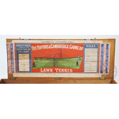 446 - An Ayres Oxford and Cambridge Lawn Tennis Box 1875/6, the pine box decorated with the light blue and... 